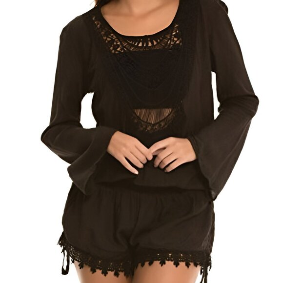 Elan Black Crocheted Lace Elastic Waist Open Back Bohemian Shorts Romper Cover L - Picture 1 of 5